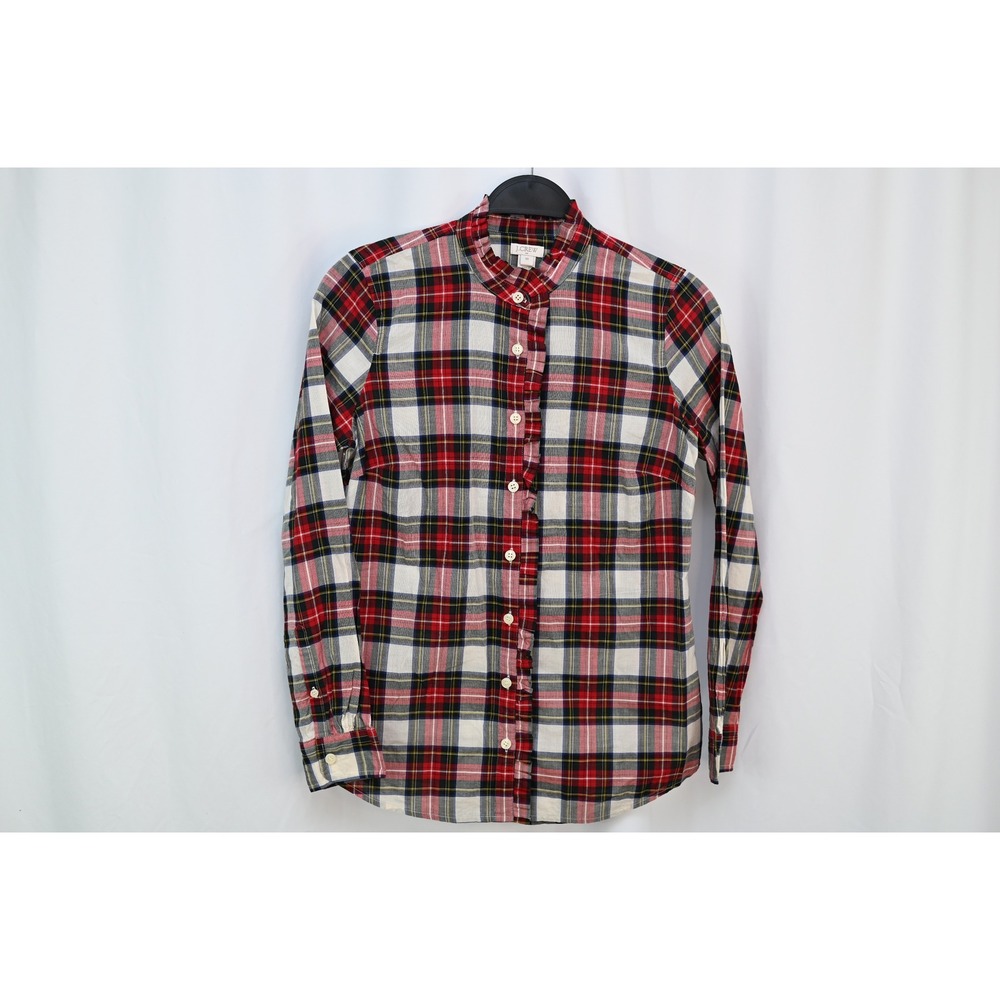 J.Crew Plaid Ruffle Trim Button Down Shirt XS Red Green Cotton H3751